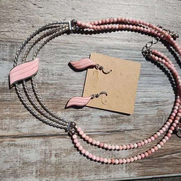 Jay King DTR mine finds carved Wave Pink Opal Necklace Earrings set 925 rare - Picture 10 of 11